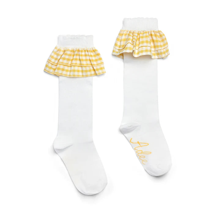 SS25 ADee DARIA White & Yellow Checked Frill Knee High Socks