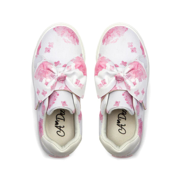 SS25 ADee BOWIE Pink & White Hydrangea Print Bow Trainers