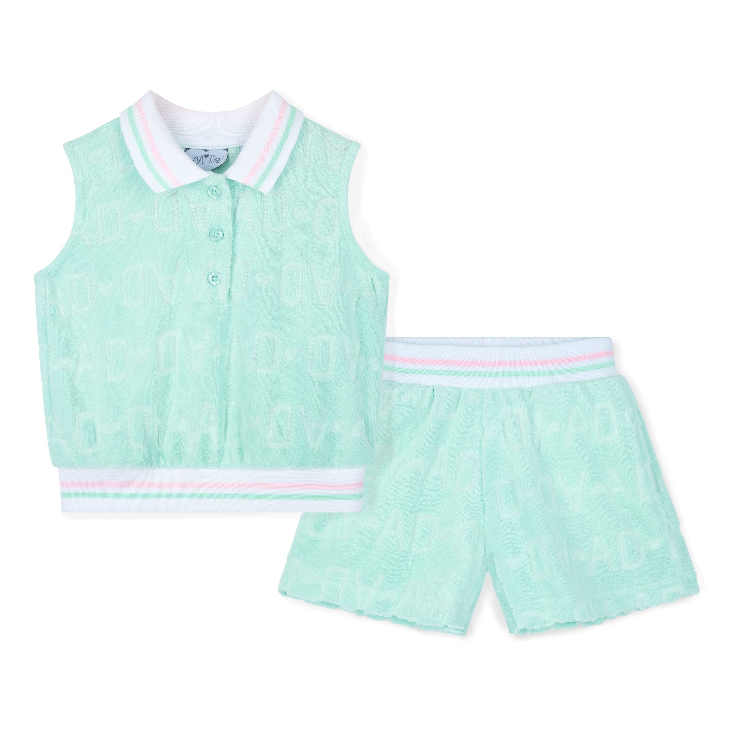 PREORDER SS26 ADee ROMI Green Pink & White Logo Terry Towelling Shorts Set