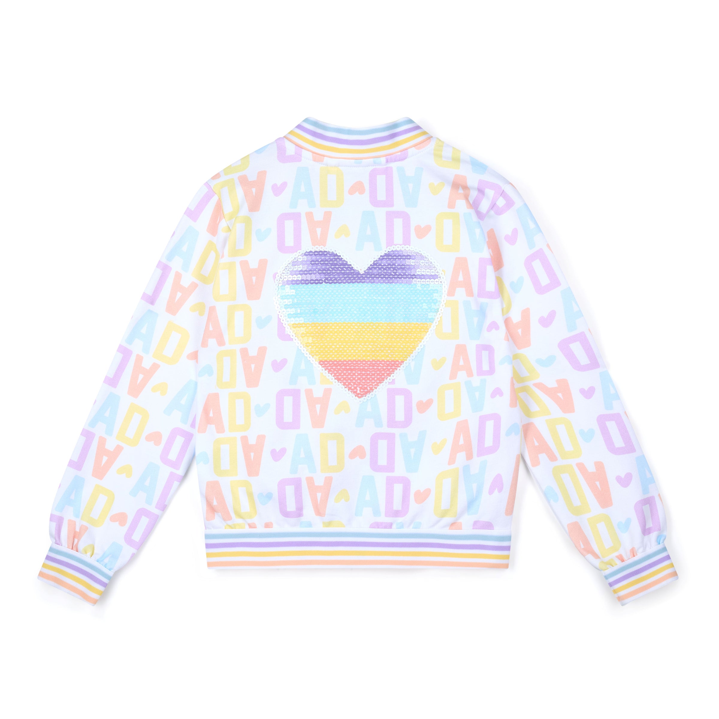 PREORDER SS26 ADee SASSY Multicoloured Initial Print Sequin Heart Bomber Jacket