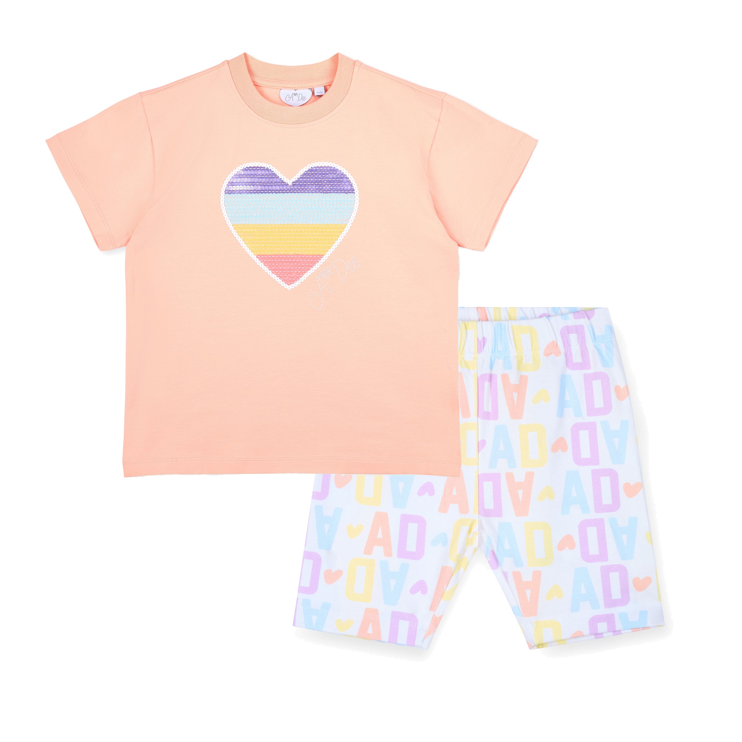 PREORDER SS26 ADee SAZ Peach Multicoloured Sequin Heart Initial Print Cycling Shorts Set