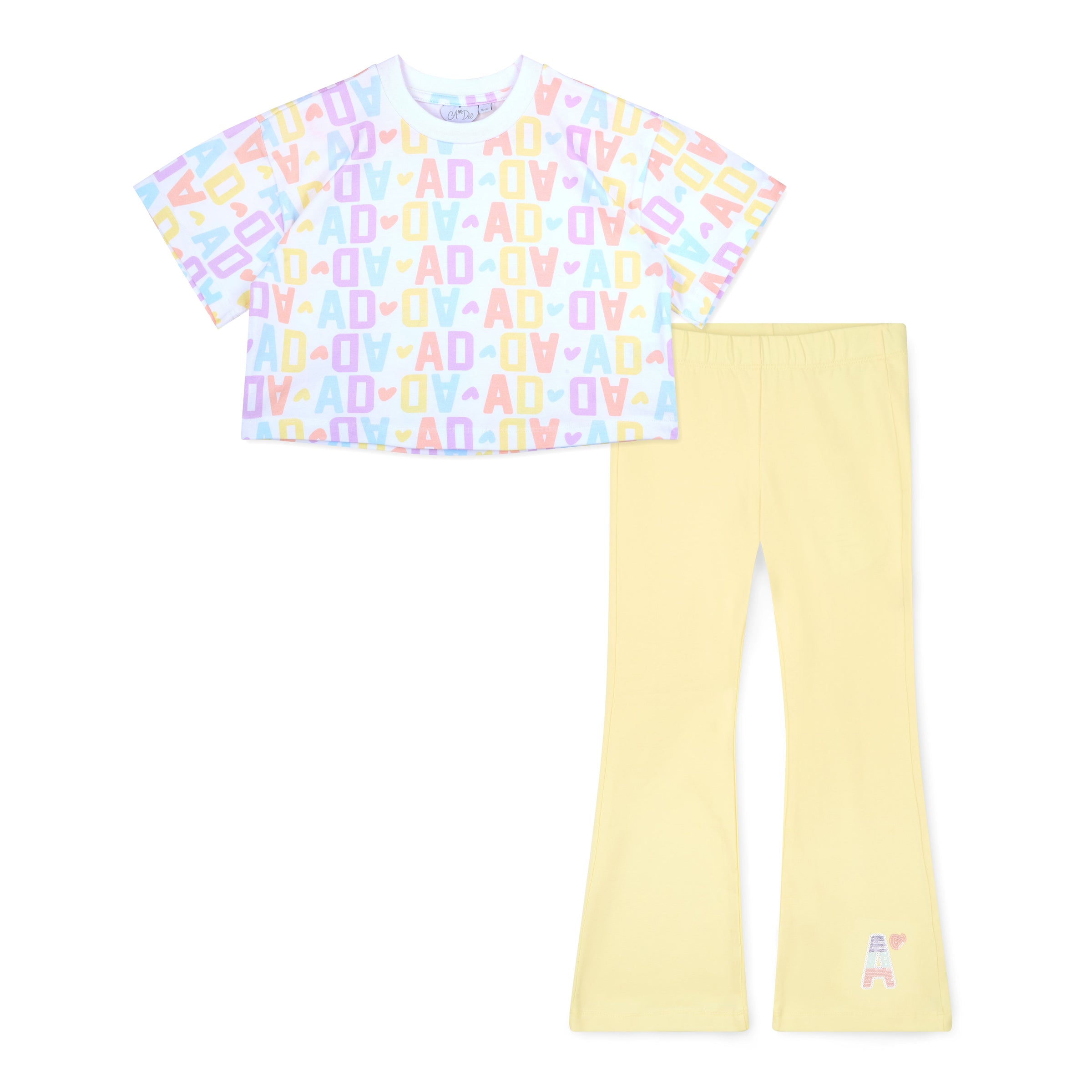 PREORDER SS26 ADee SAMANTHA White & Yellow Multicoloured Initial Print Flares Set