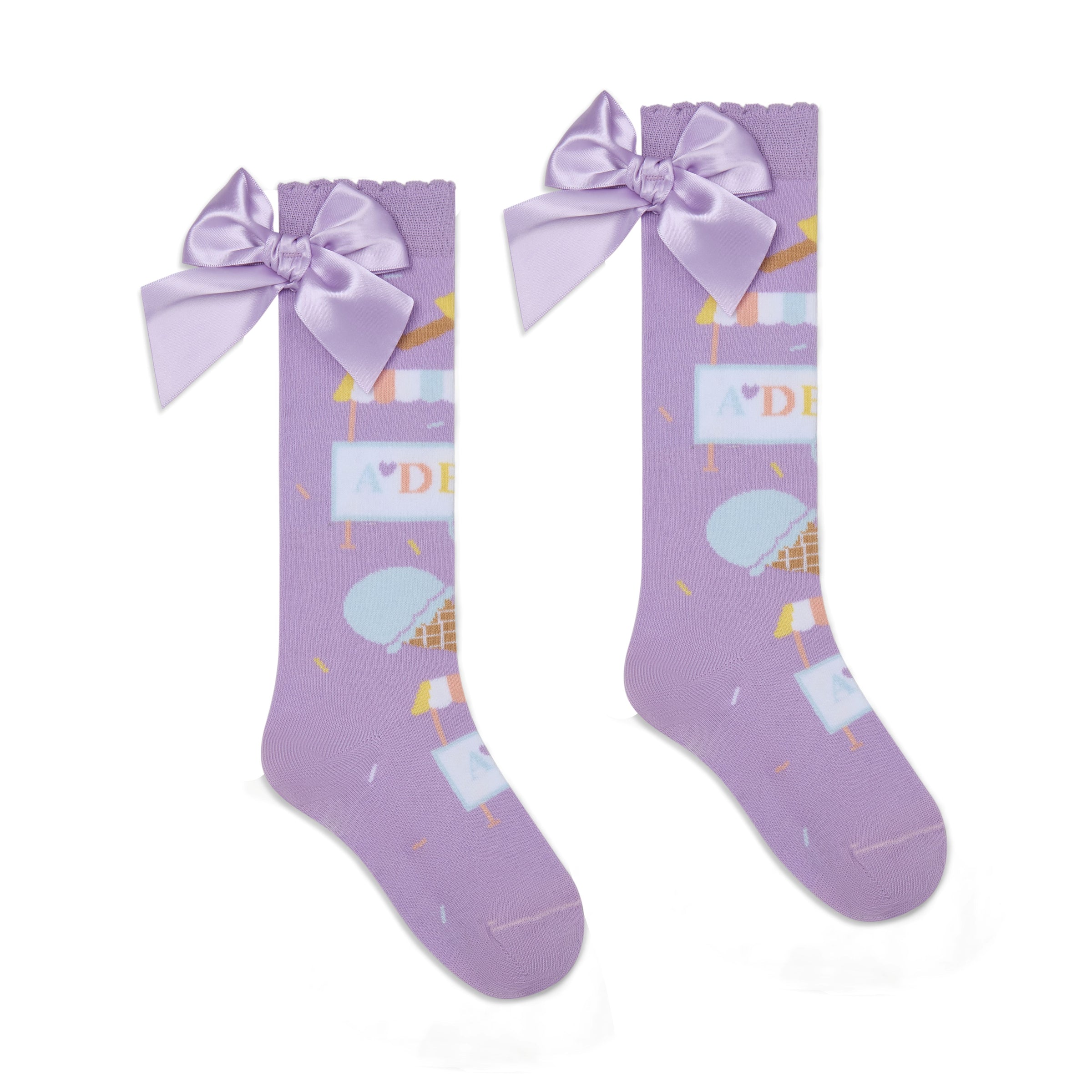 PREORDER SS26 ADee SANDRA Purple & Blue Ice Cream Print Knee High Bow Socks
