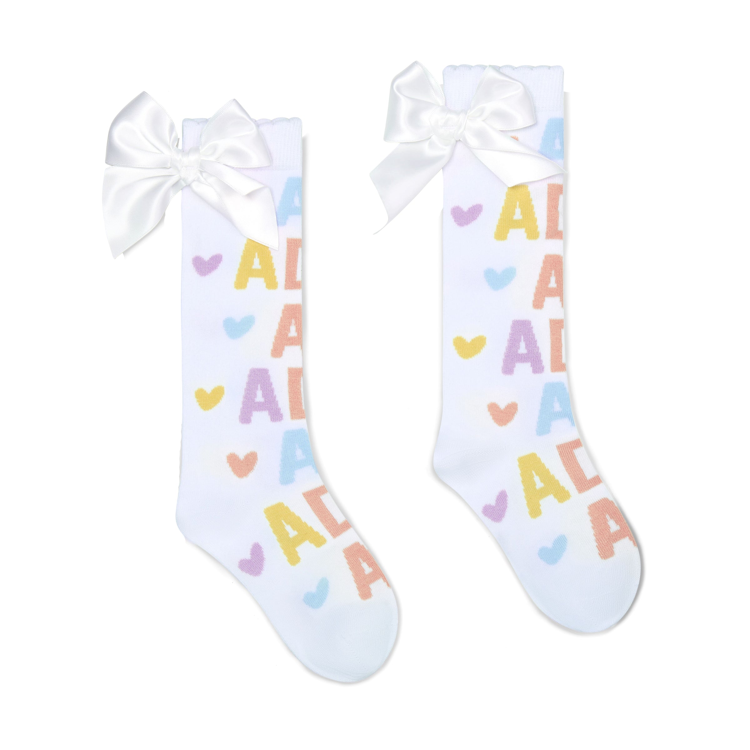 PREORDER SS26 ADee SYLVIA White Multicoloured Initial Print Knee High Bow Socks