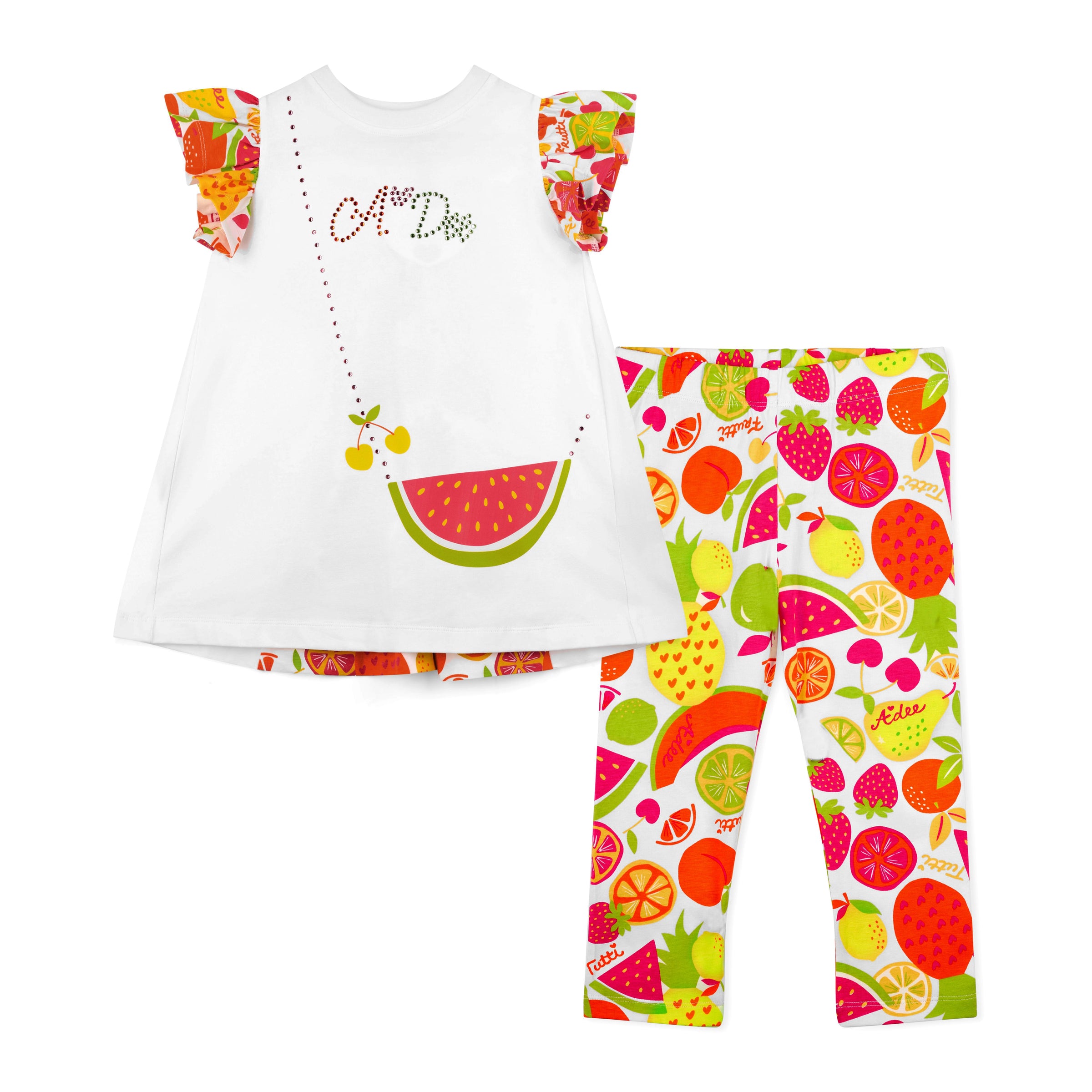 PREORDER SS26 ADee TRUE White Multicoloured Fruit Print Handbag Leggings Set