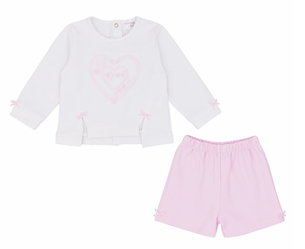 AW23 Pastels & Co JENNY Pink & White Flowers & Hearts Bow Shorts Set