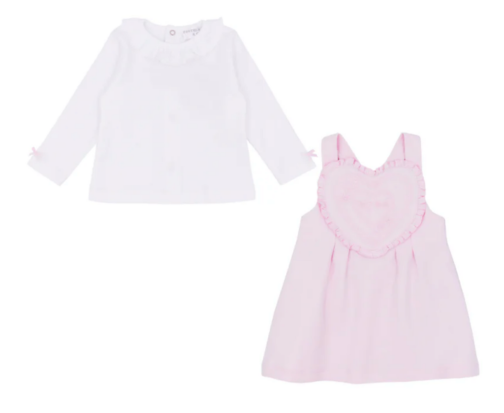 AW23 Pastels & Co JANE Pink & White Flowers & Hearts Pinafore Frill Shirt Set