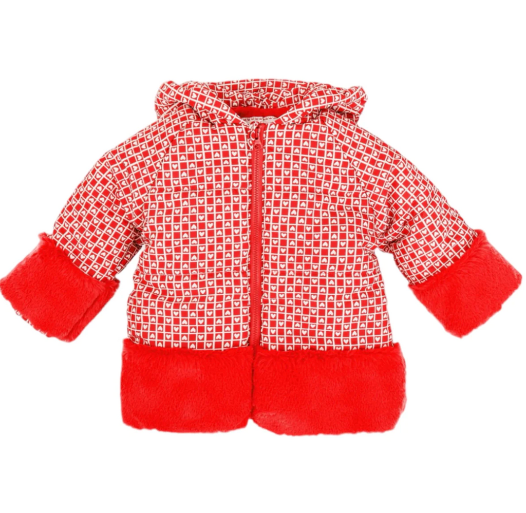AW23 Agatha Ruiz De La Prada Baby Red & White Square Hearts Hooded Faux Fur Jacket / Coat