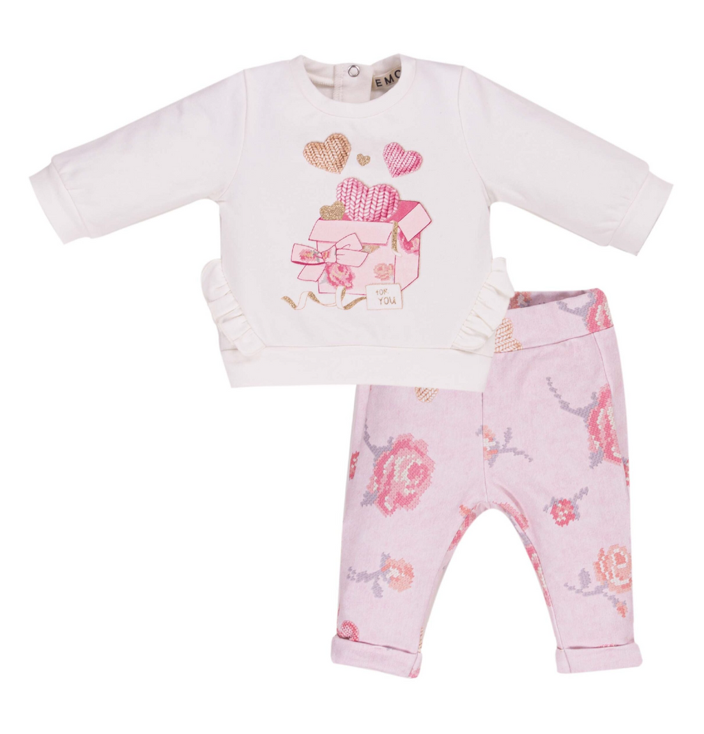 AW23 EMC Pink & Gold 'For You' Gift Box Floral Ribbon & Hearts Frill Leggings Set