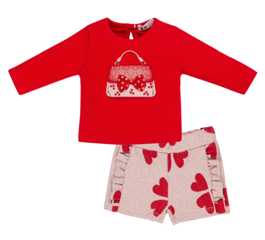 AW23 EMC Red Handbag & Hearts Frill Shorts Set