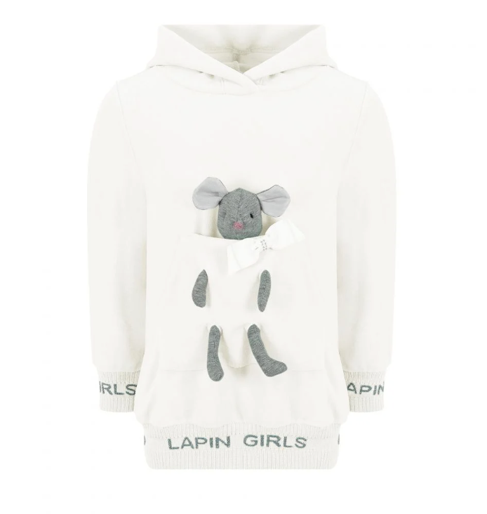 AW23 Lapin House Ivory & Silver 'Lapin Girls' Mouse In Pocket Bow Hooded Dress