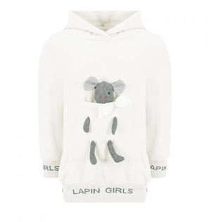 AW23 Lapin House Ivory & Silver 'Lapin Girls' Mouse In Pocket Bow Hooded Dress
