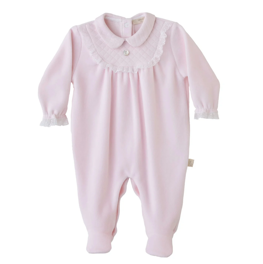 Baby Gi Pale Pink Velour Quilted Lace Babygrow