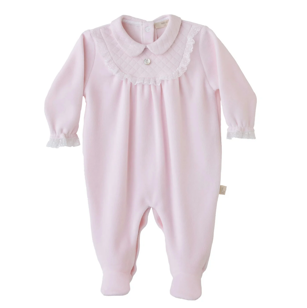 SS24 Baby Gi Pale Pink Velour Quilted Lace Babygrow