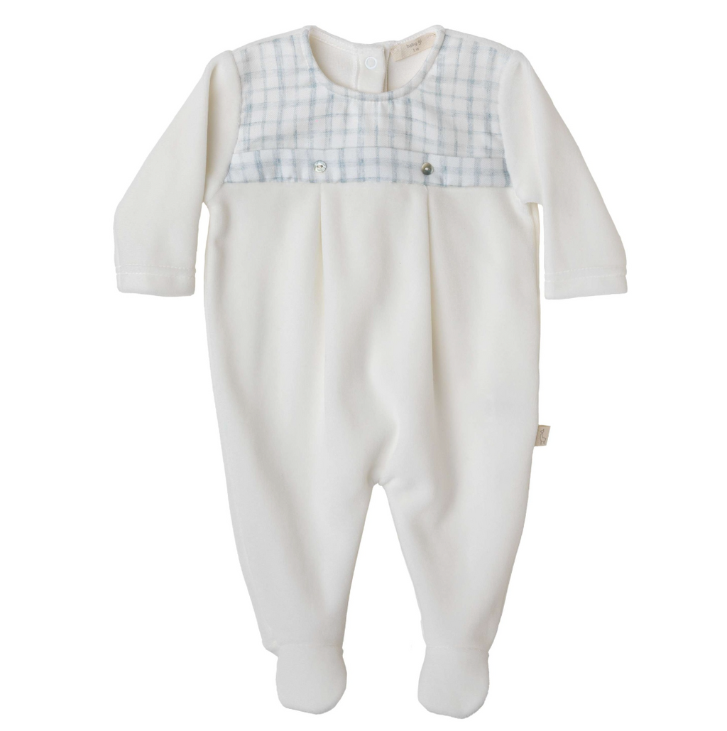 Baby Gi Ivory & Pale Blue Velour EWAN Check Babygrow