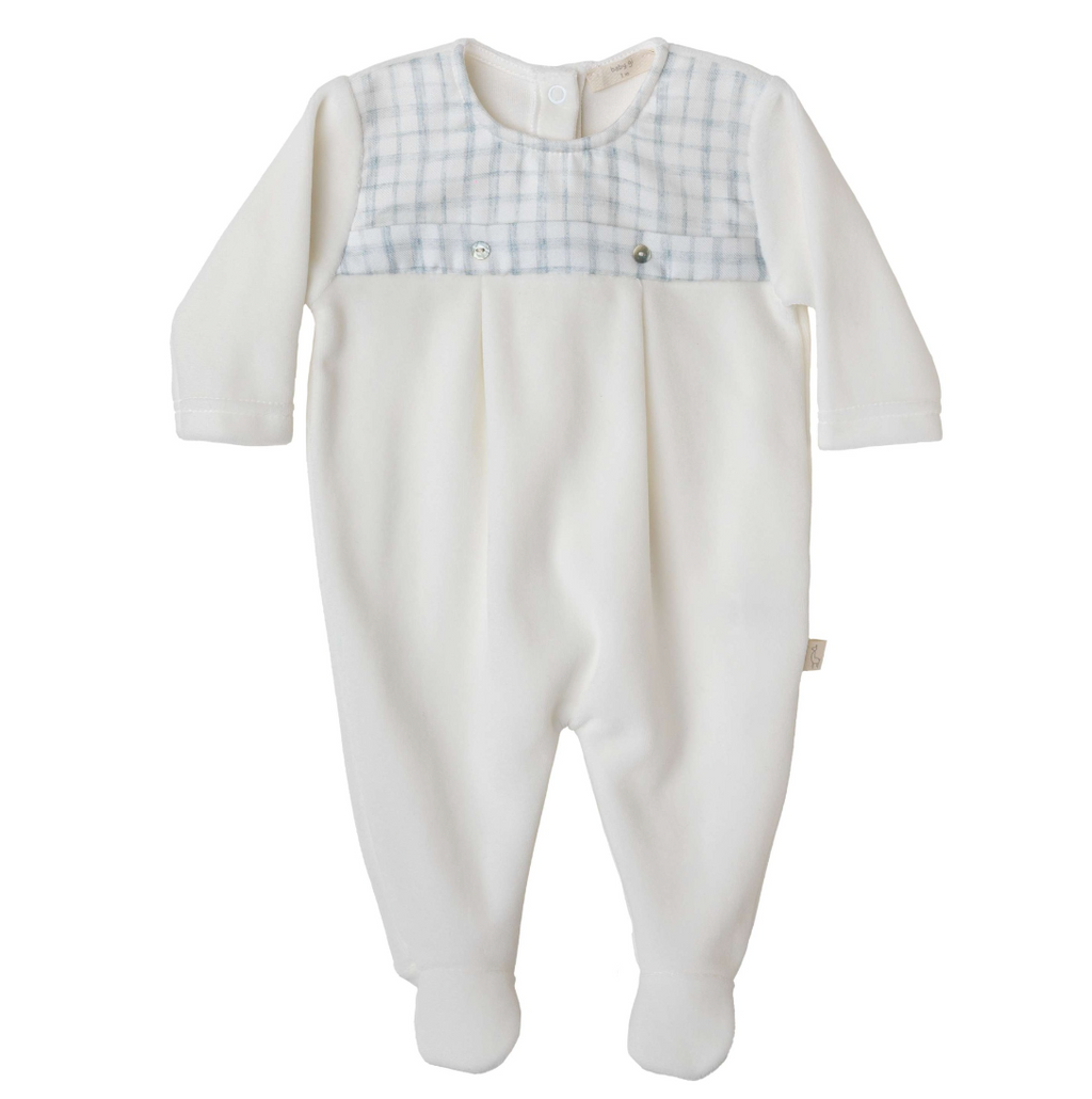 SS24 Baby Gi Ivory & Pale Blue Velour EWAN Check Babygrow