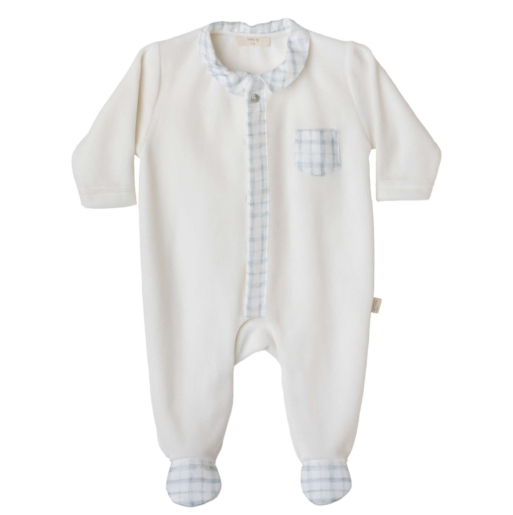Baby Gi Ivory & Pale Blue Velour EWAN Pocket Check Babygrow