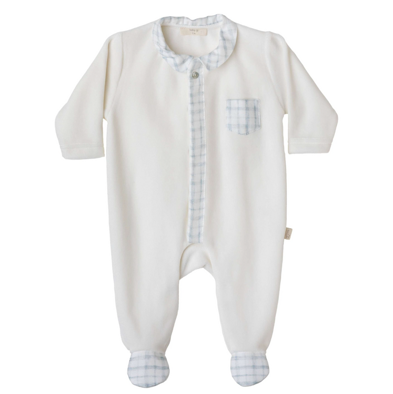 SS24 Baby Gi Ivory & Pale Blue Velour EWAN Pocket Check Babygrow