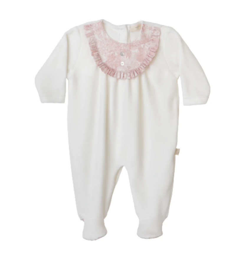 SS24 Baby Gi Ivory & Pale Pink Velour AURORA Frill Babygrow