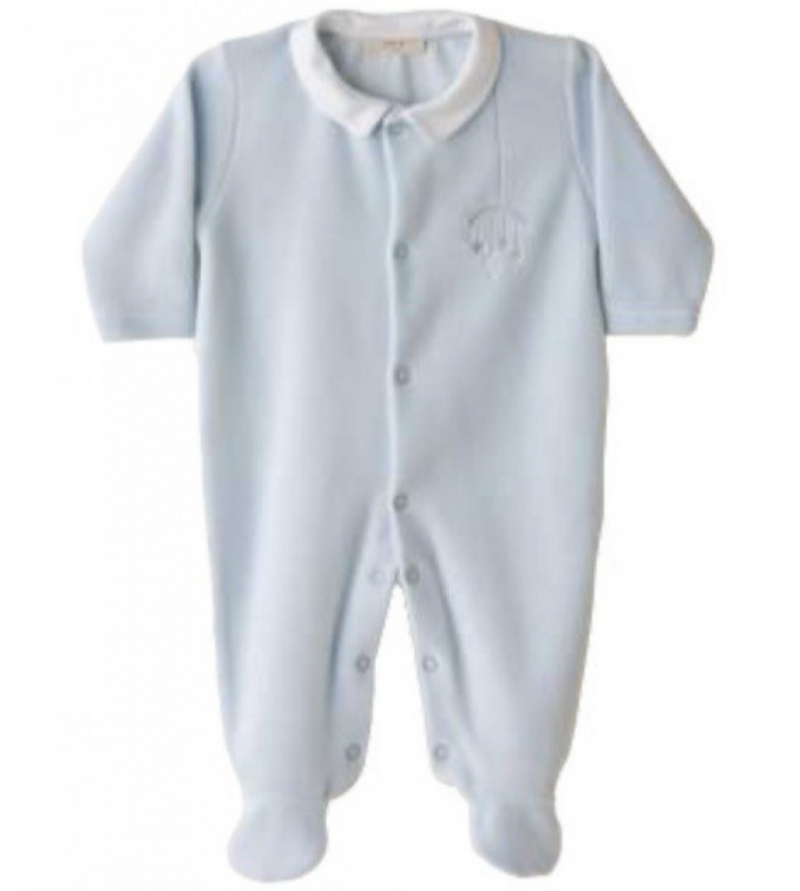 AW23 Baby Gi Pale Blue & White Collar Mobile Velour Babygrow