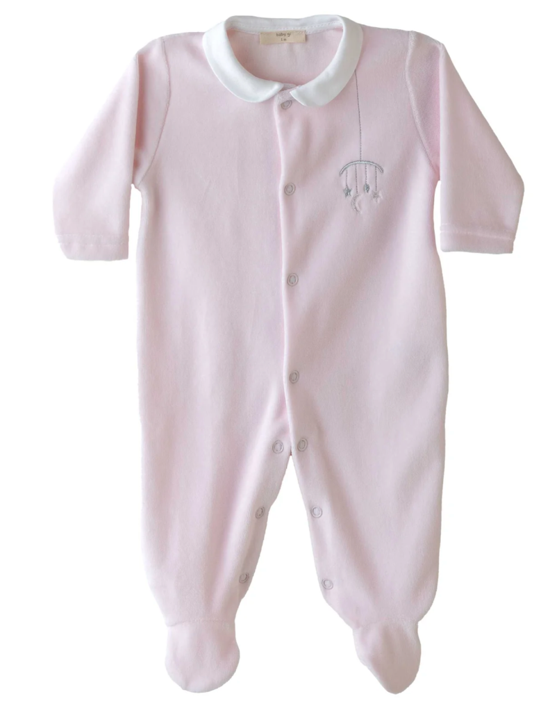 AW23 Baby Gi Pale Pink & White Collar Mobile Velour Babygrow