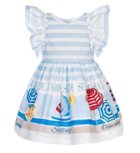 SS24 Balloon Chic Blue & White 'Sea Side' Striped Frill Dress