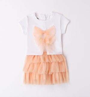SS24 IDO Peach & White Bow Skirt Set