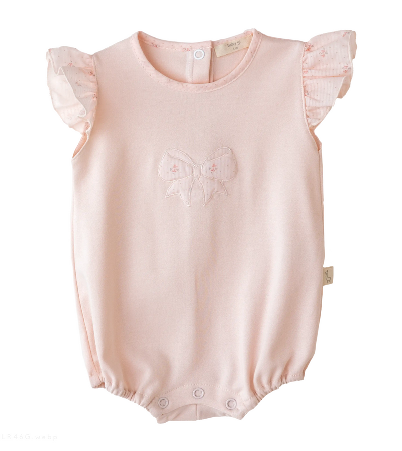 SS24 Baby Gi Peach Pink Cotton Flora Bow Romper