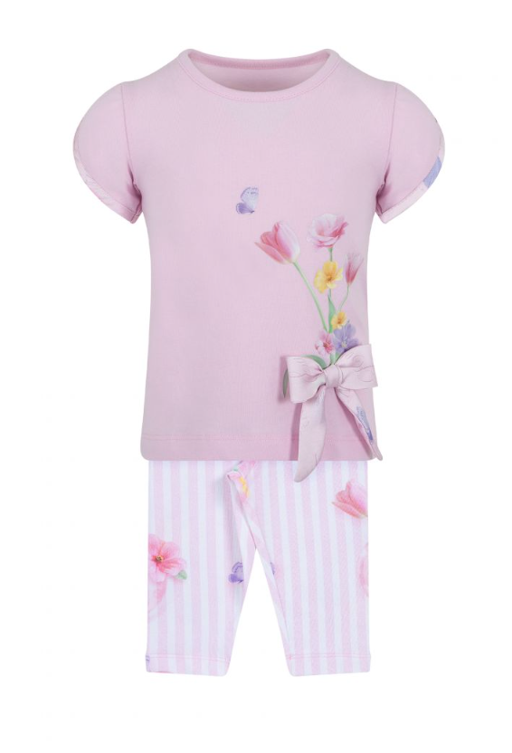 SS24 Lapin House Pink & White Floral Stripe Ribbon Legging Set