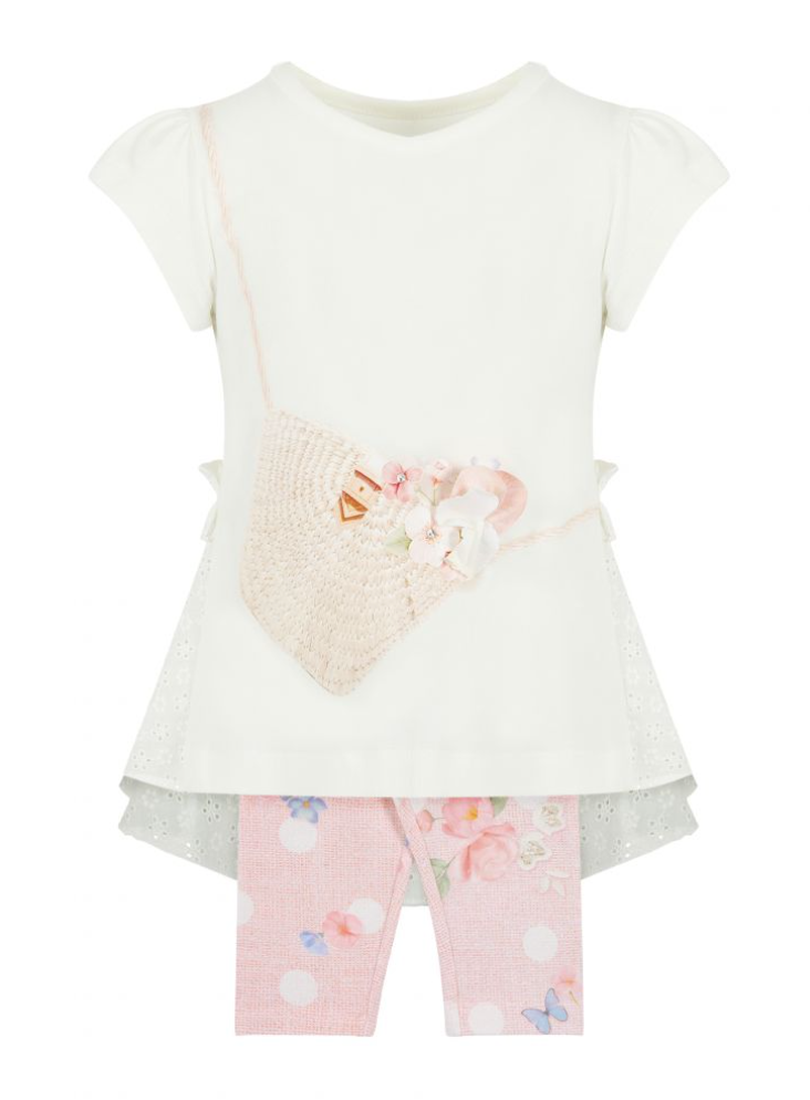 SS24 Lapin House White & Pink Polka Dot Floral Handbag Legging Set