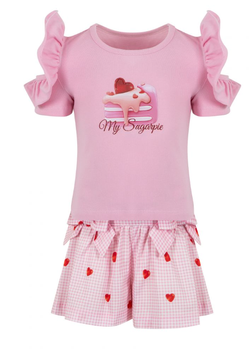 SS24 Lapin House Pink & Red 'My Sugarpie' Cake & Hearts Check Short Set
