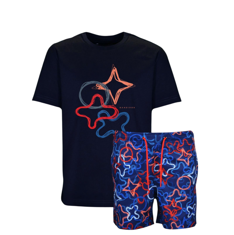 SS25 Moda Bandidos Blue Red & Orange Symbols T-Shirt & Swim Shorts Set