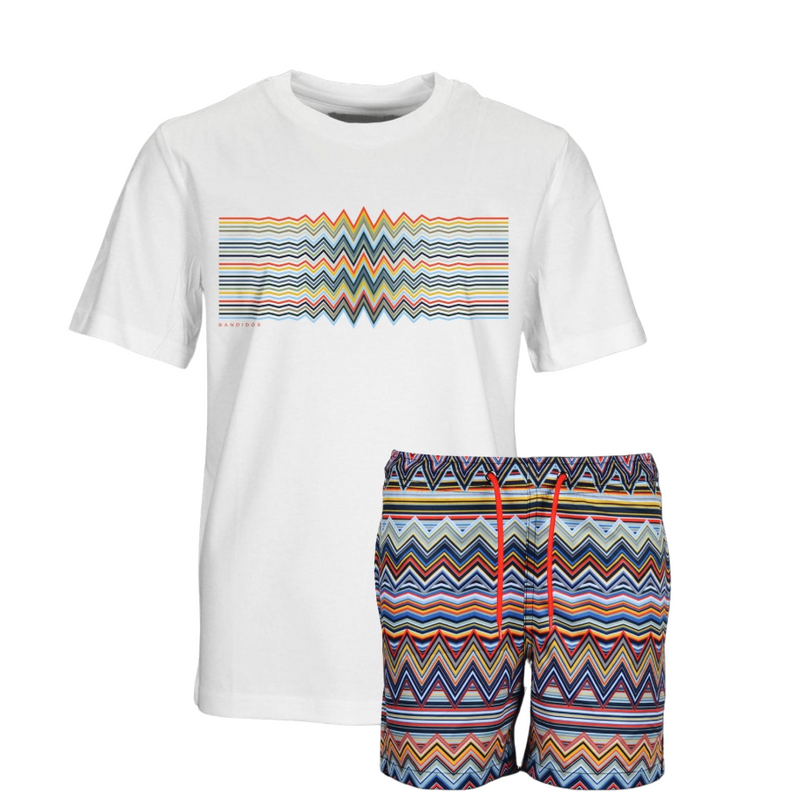 PREORDER SS25 Moda Bandidos White Multicoloured Zig Zag T-Shirt & Swim Shorts Set