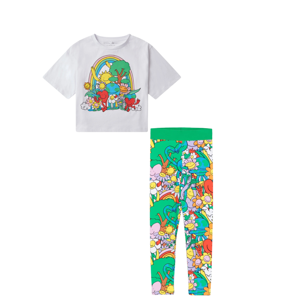 AW25 Stella McCartney White & Green Crop T-Shirt & Printed Leggings Set
