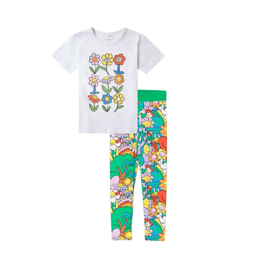 AW25 Stella McCartney White & Green Floral Logo T-Shirt & Printed Leggings Set