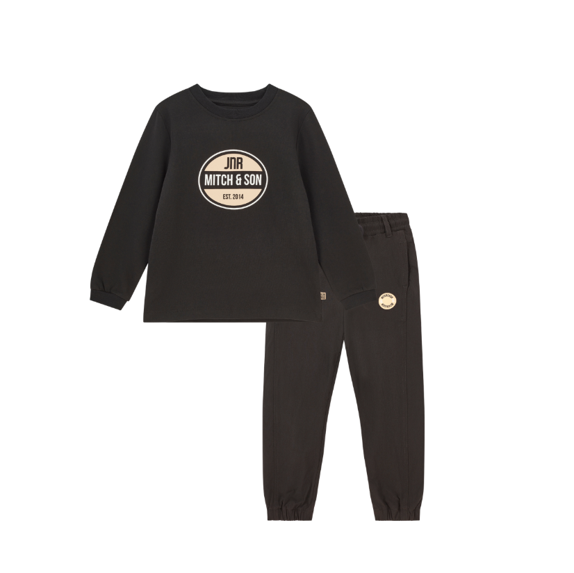 AW25 Mitch & Son JNR LEWIS & JUSTIN Black & Beige Circle Logo Nylon Trousers Set