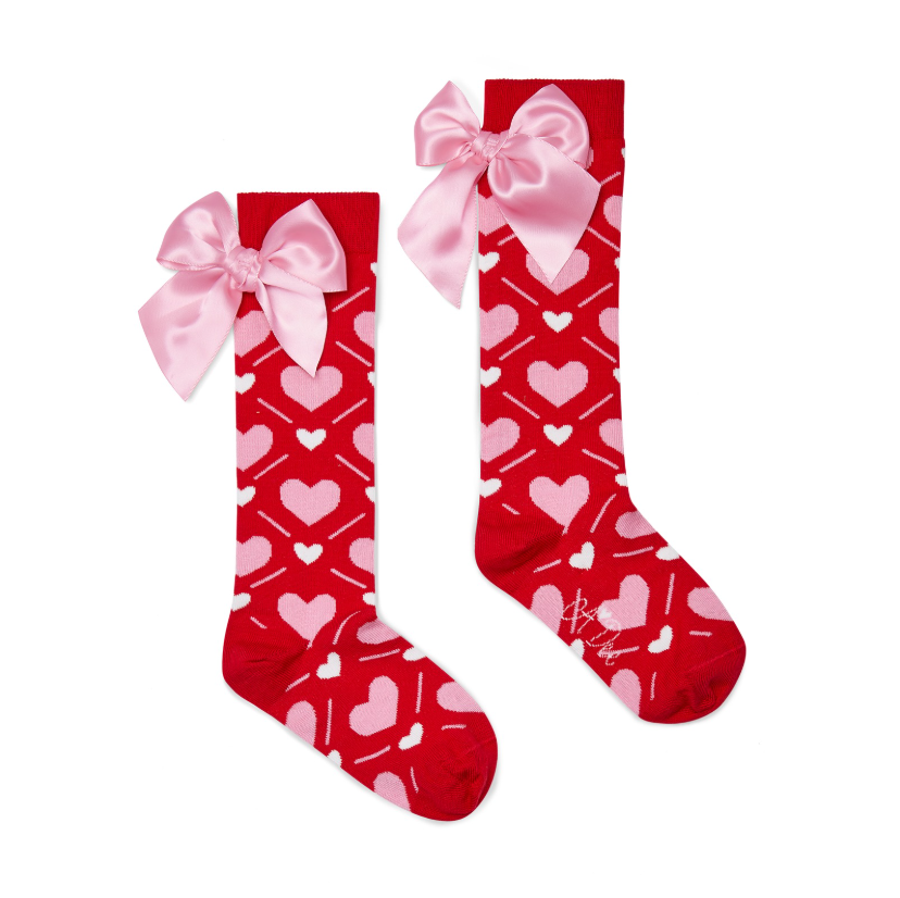 PREORDER AW25 ADee LEAH Red Pink & White Heart Print Bow Knee High Socks