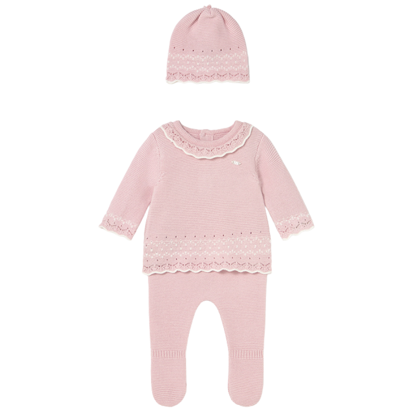 PREORDER AW25 Mayoral Pink & White Knitted Two Piece Set With Hat