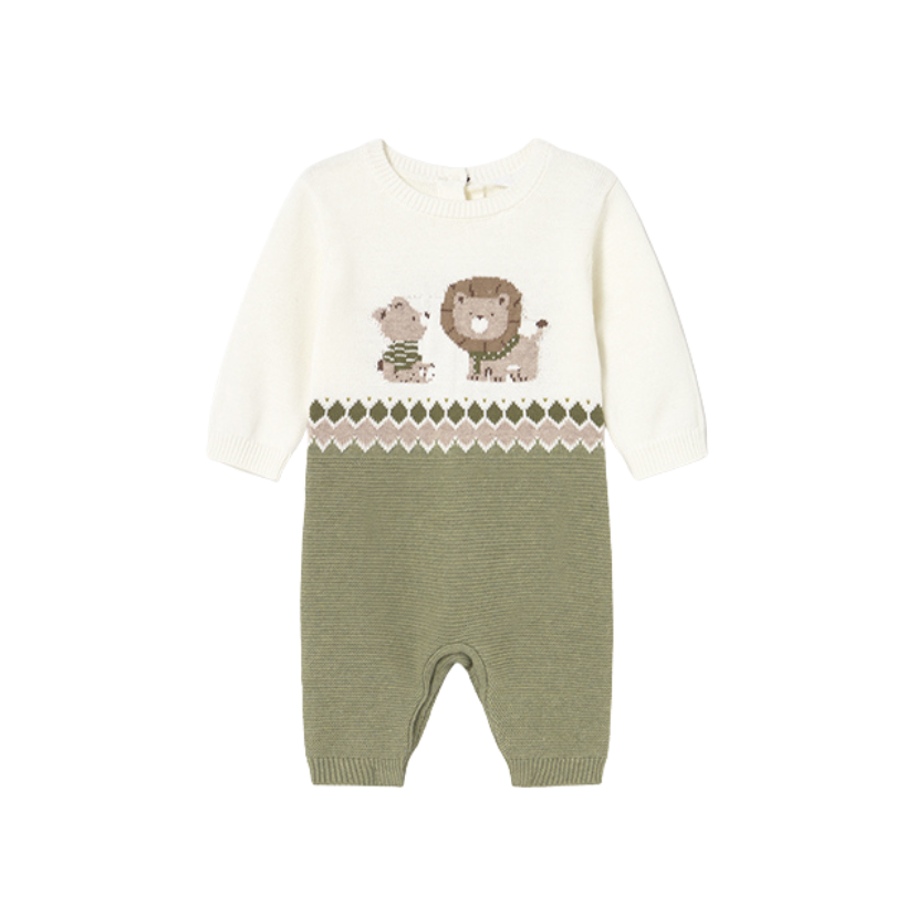 AW25 Mayoral Green & Beige Knitted Animal Romper