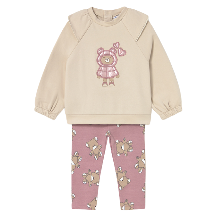 PREORDER AW25 Mayoral Beige & Pink Teddy Bear Leggings Set
