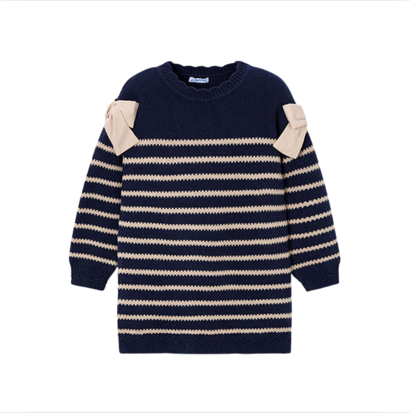 AW25 Mayoral Navy Striped Bows Knit Dress