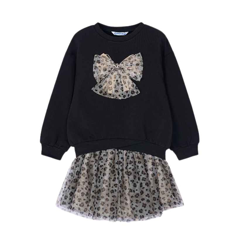 PREORDER AW25 Mayoral Black Leopard Print Bow Tulle Skirt Set
