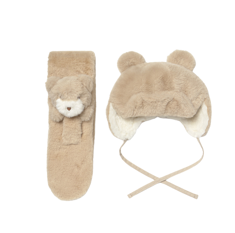 AW25 Mayoral Beige Faux Fur Teddy Bear Hat & Scarf Set