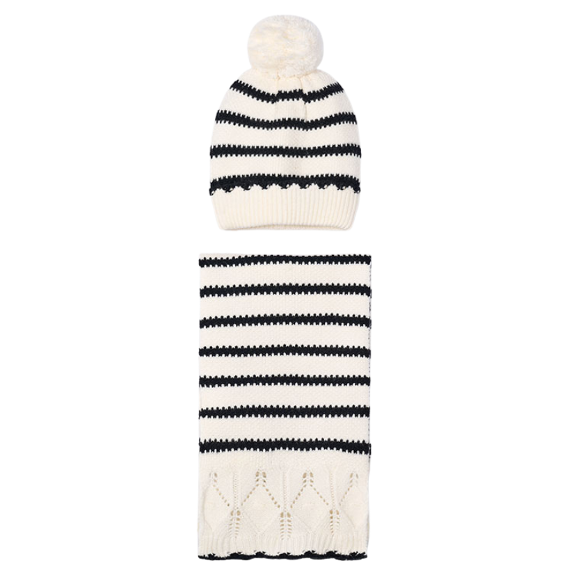 AW25 Mayoral Cream Striped Hat & Scarf Set
