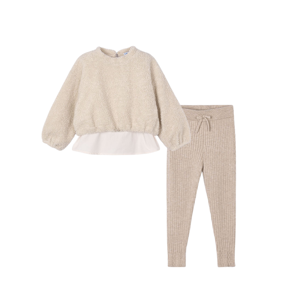 AW25 Mayoral Beige Fleece Ribbed Leggings Set