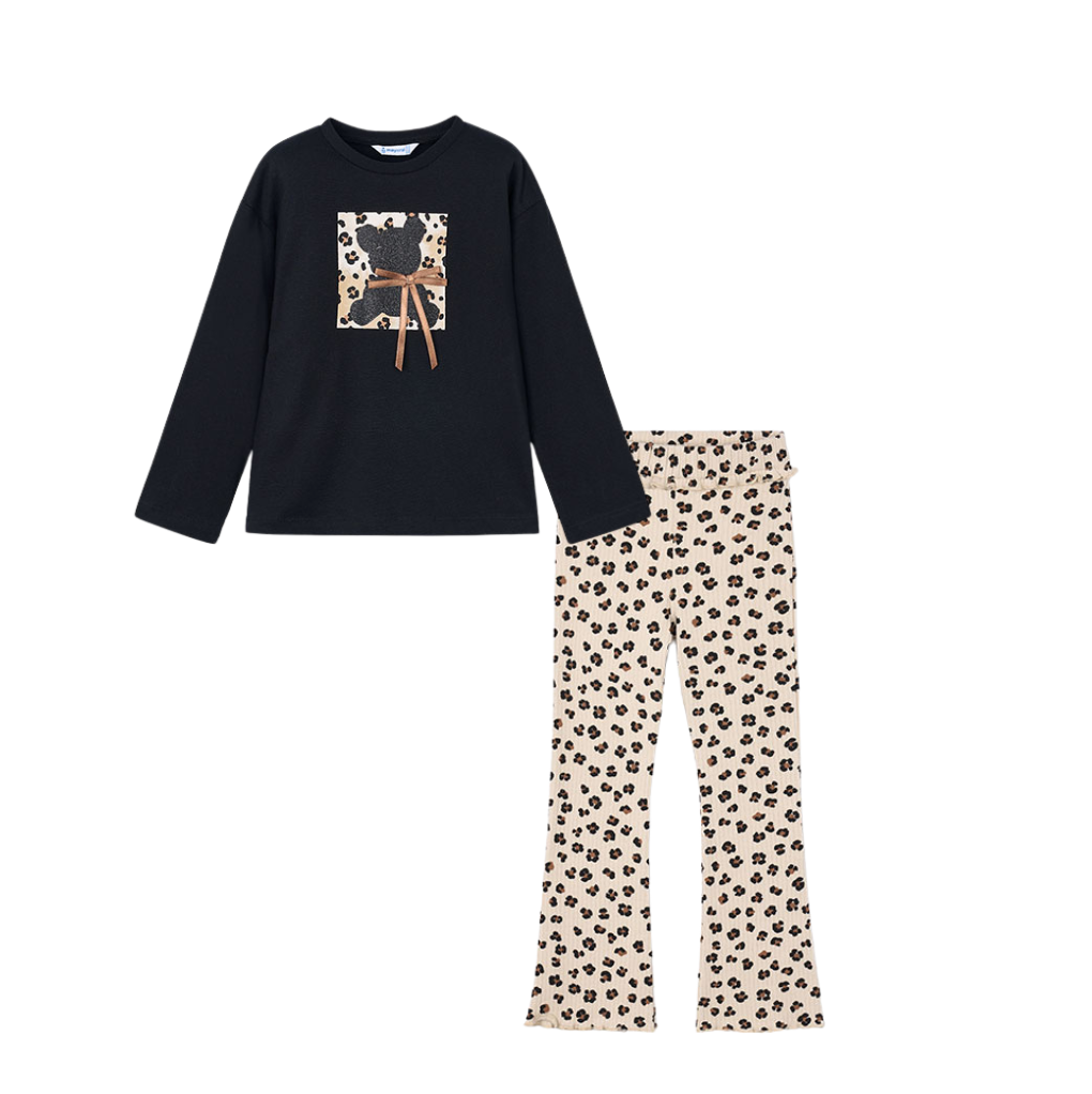 AW25 Mayoral Black Leopard Print Ribbed Flared Leggings Set