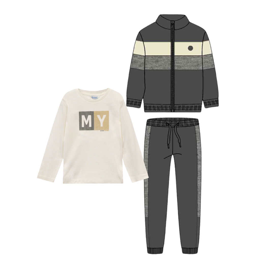 AW25 Mayoral Grey & Cream 'MY' Logo Striped Three Piece Tracksuit