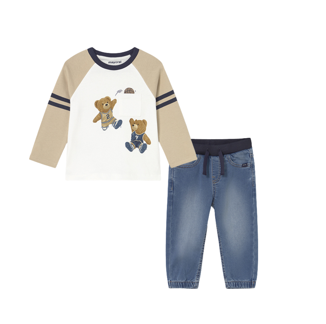 PREORDER AW25 Mayoral White Teddy Bear T-Shirt & Denim Jogger Pants Set