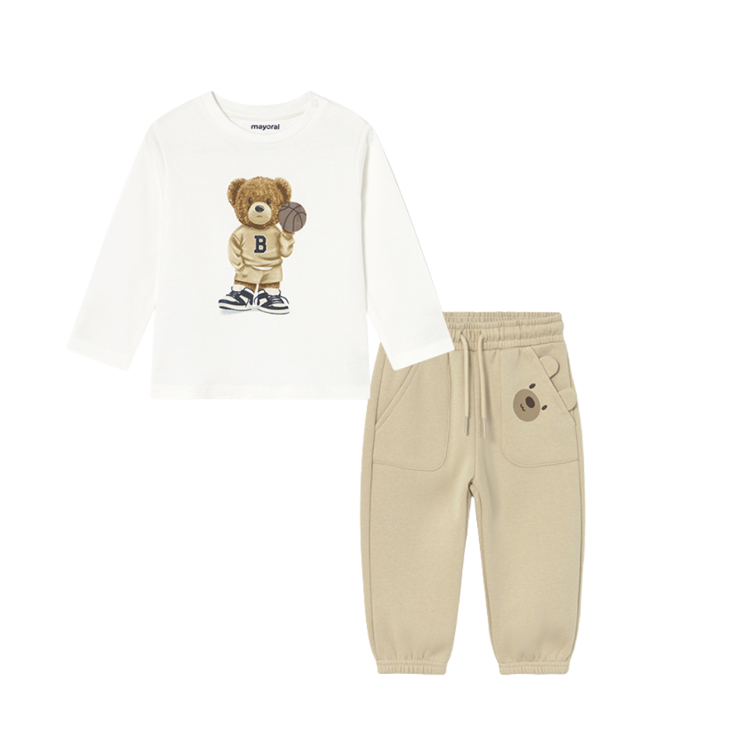 AW25 Mayoral Beige Teddy Bear T-Shirt & Jogger Pants Set