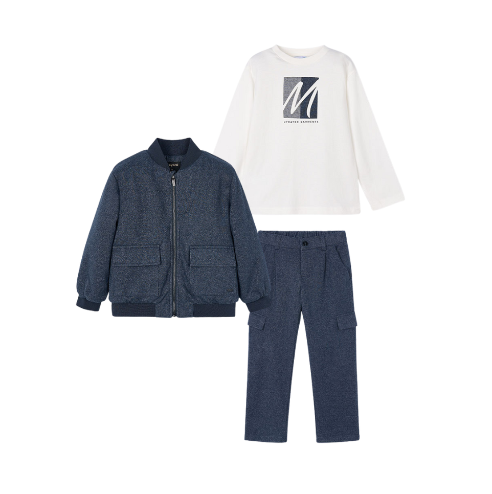 PREORDER AW25 Mayoral Navy & Cream Three Piece Cargo Trousers Set